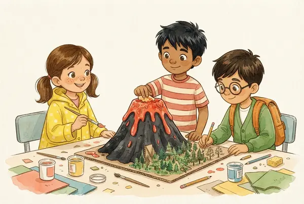 Tres amigos construyen juntos un volcán de cartón