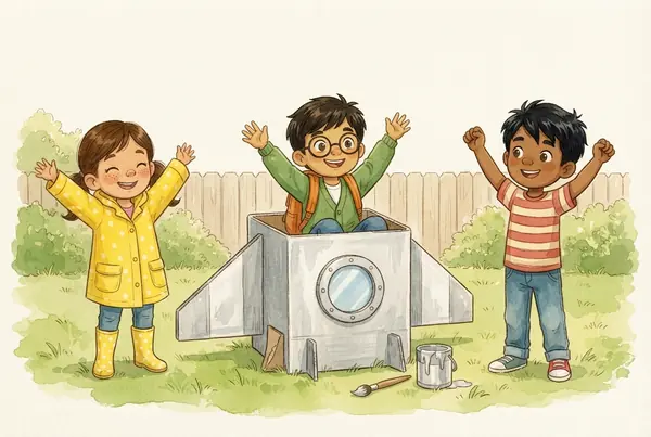 Lucía, Tomás y Mateo celebran junto a un cohete hecho con una caja de cartón