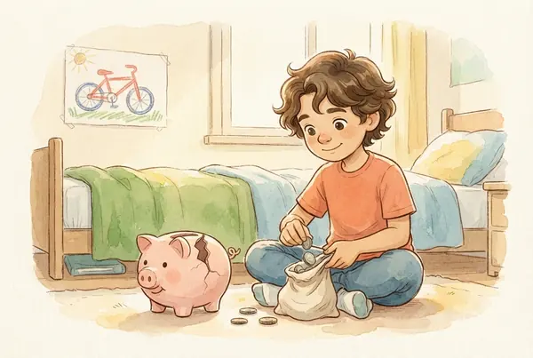 Un niño guarda monedas en una bolsa junto a su alcancía
