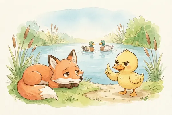 Un patito amarillo frente a un zorro de mirada triste, junto a un estanque