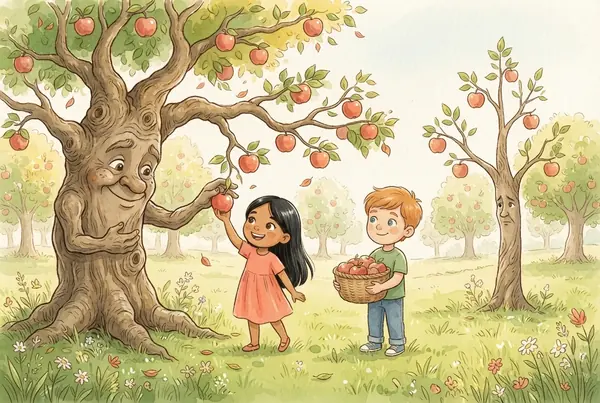 Una niña y un niño con una canasta recogen manzanas de un árbol de rostro amable