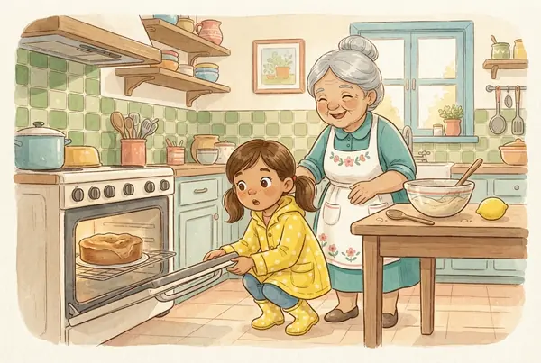 Lucía espera junto a la abuela Rosa a que se termine de hornear un pastel