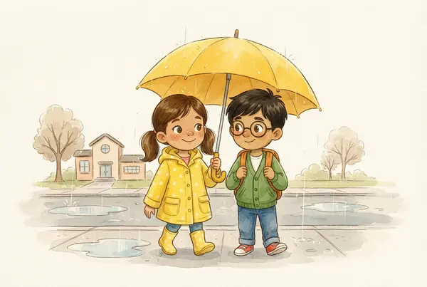 Lucía, con su impermeable amarillo, comparte su paraguas amarillo con Tomás bajo la lluvia