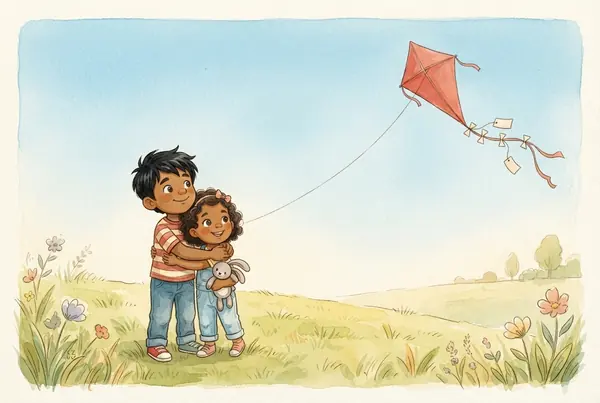 Mateo abraza a Sofi mientras una cometa roja vuela en el cielo