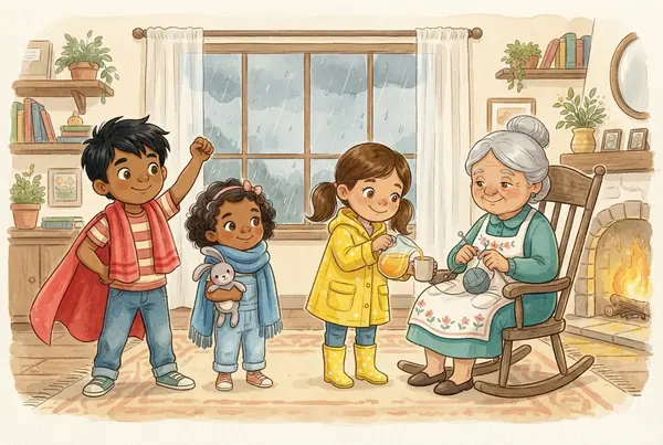 Mateo con una capa de superhéroe, Sofi con su conejito, Lucía sirviendo jugo y la abuela Rosa tejiendo junto a la chimenea, mientras llueve afuera