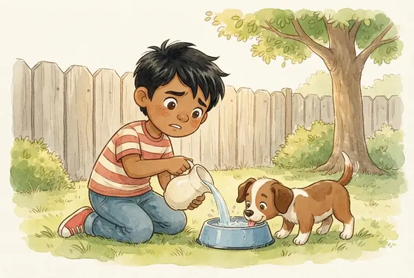 Mateo le llena de agua el plato a su perrito