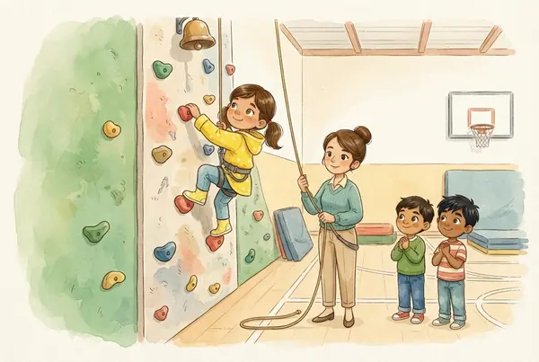 Lucía sube un muro de escalada con ayuda de su maestra, mientras dos niños la miran