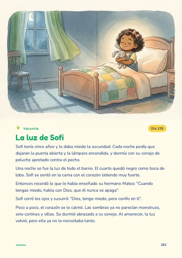 Página real del libro: ilustración a color y la historia La luz de Sofi