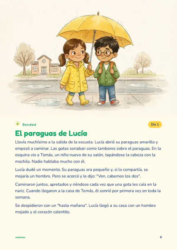 Página real del libro: ilustración a color y la historia El paraguas de Lucía